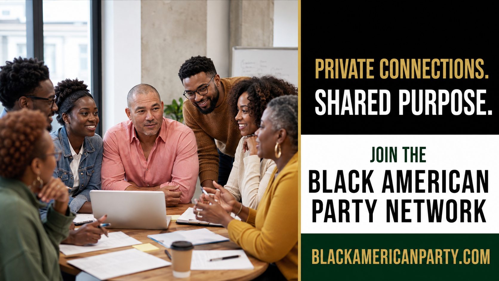 Black American Party promotional card reading “Private Connections. Shared Purpose.” over a photograph of Black professionals