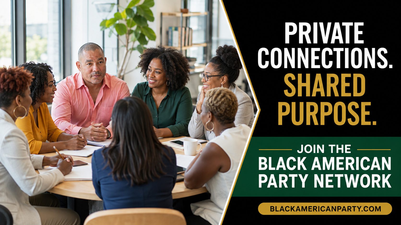 Black American Party promotional card reading “Private Connections. Shared Purpose.” over a photograph of Black professionals