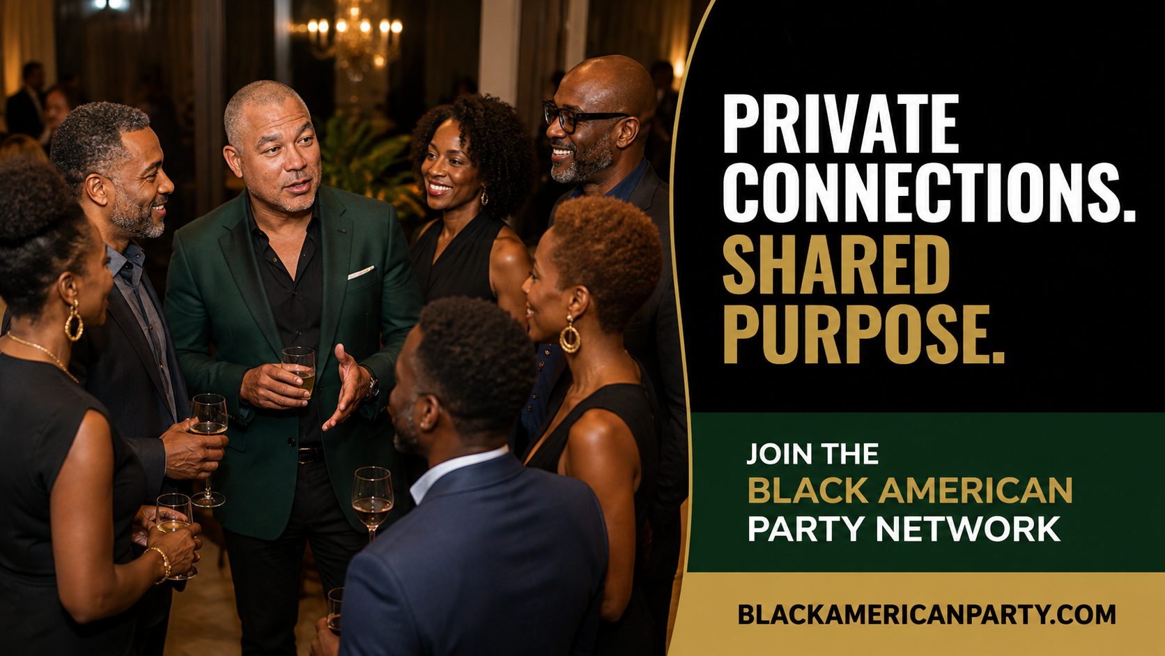 Black American Party promotional card reading “Private Connections. Shared Purpose.” over a photograph of Black professionals